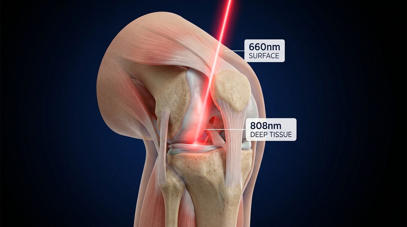 Anatomical knee diagram showing 808nm near-infrared laser light penetrating deep into joint cartilage and synovial tissue