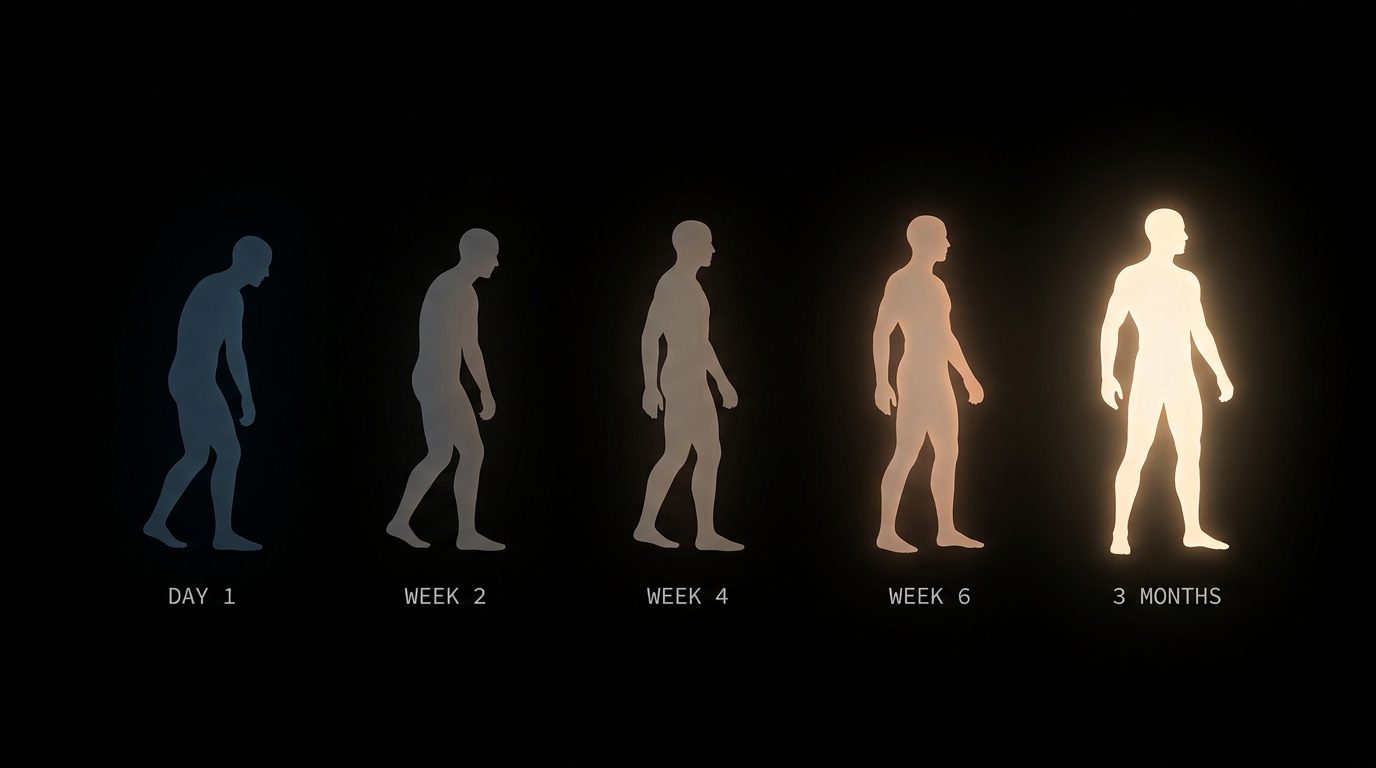 Illustrated 4-week recovery timeline for MOVE+ users — inflammation drops each week as mobility improves