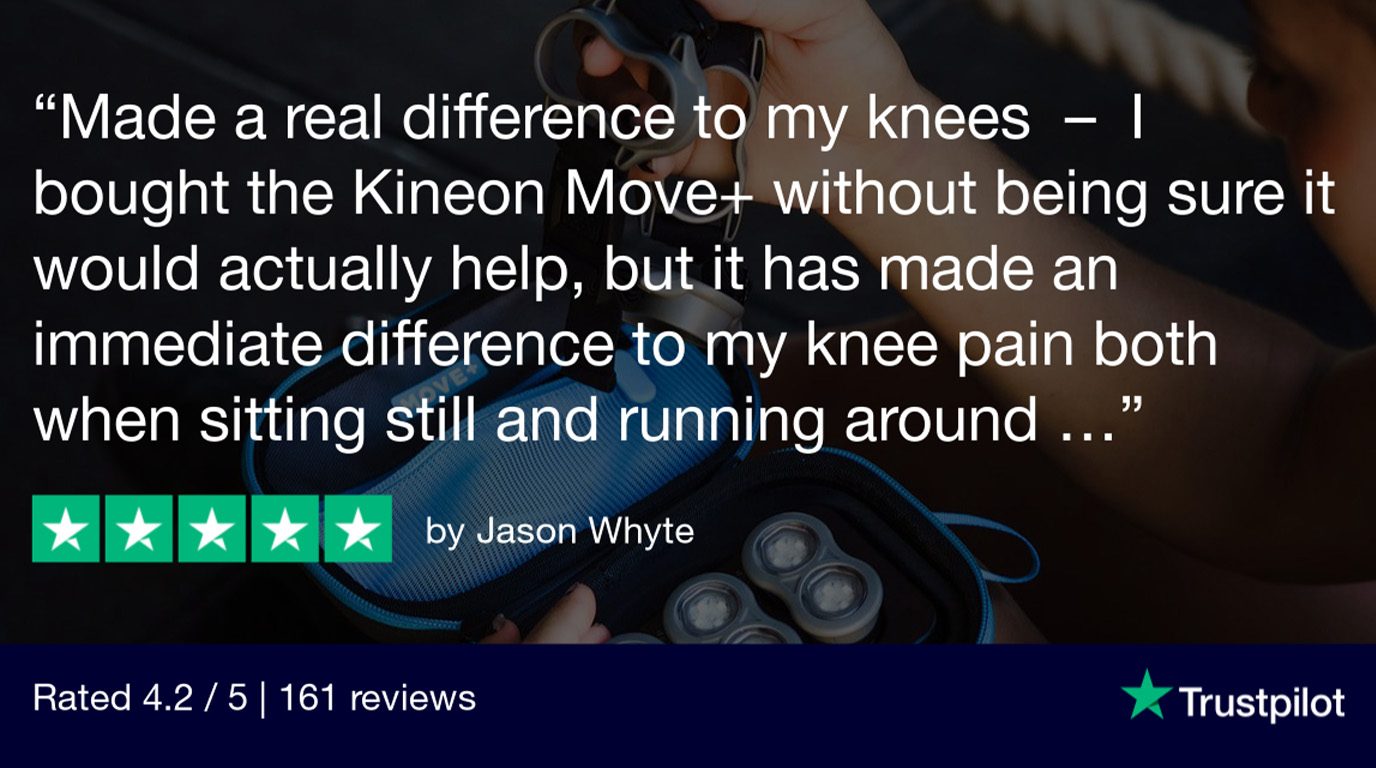 Screenshot of verified Trustpilot reviews for the Kineon MOVE+ from real knee-pain customers rating 4.6+ stars
